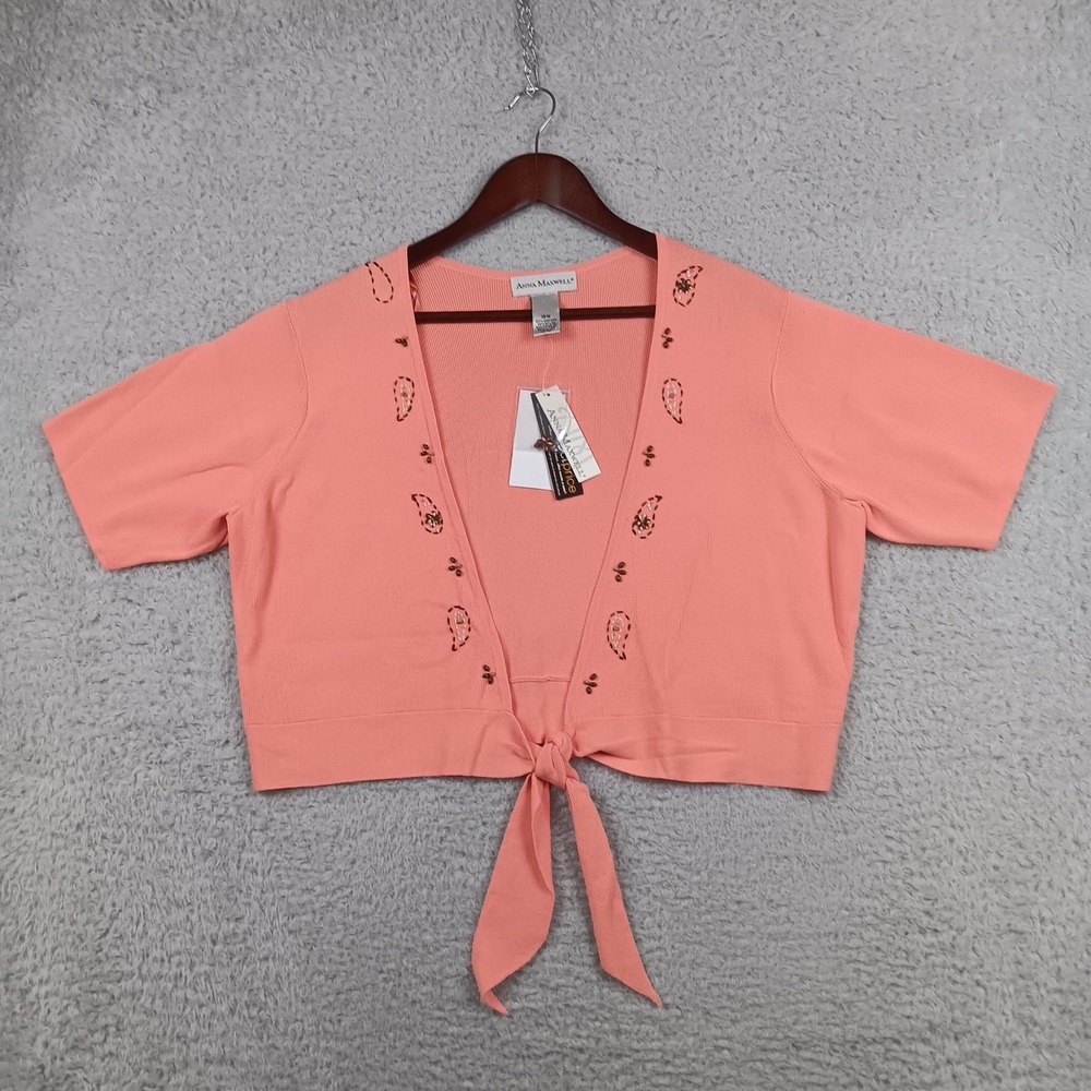 Anna Maxwell Cardigan Sweater Woman 16W Coral Paisley Embroidered Tie Front NWT